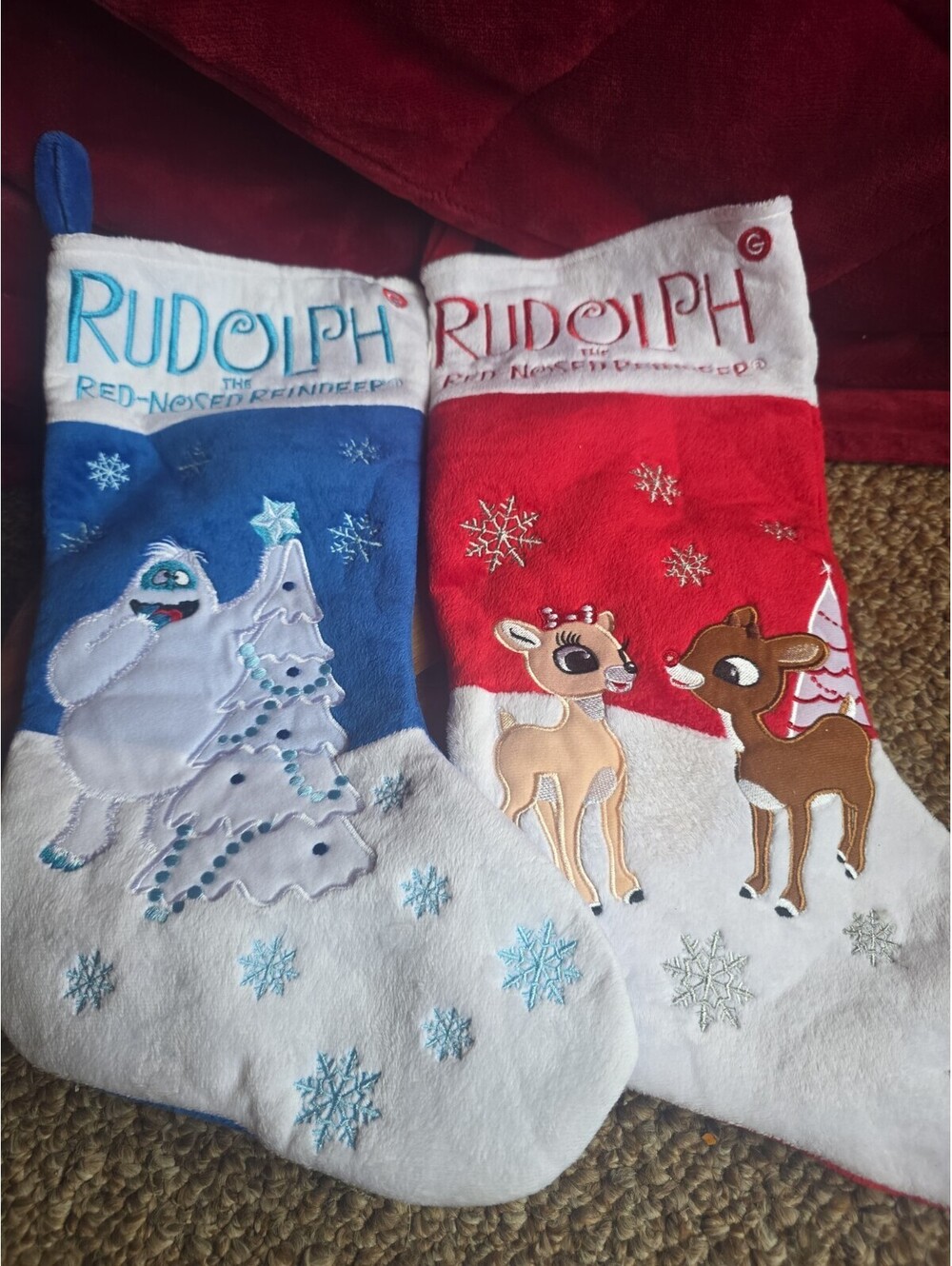 2 Gemmy Musical Rudolph & Abominable Snowman Christmas Stockings ~ NEW BATTERIES